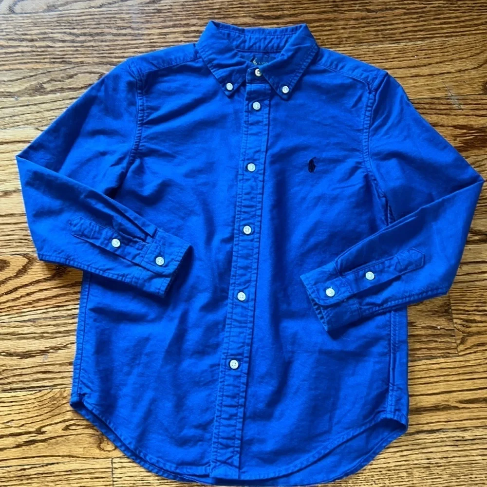 Ralph Lauren boys long sleeved Royal blue button down shirt size 7 and large EUC